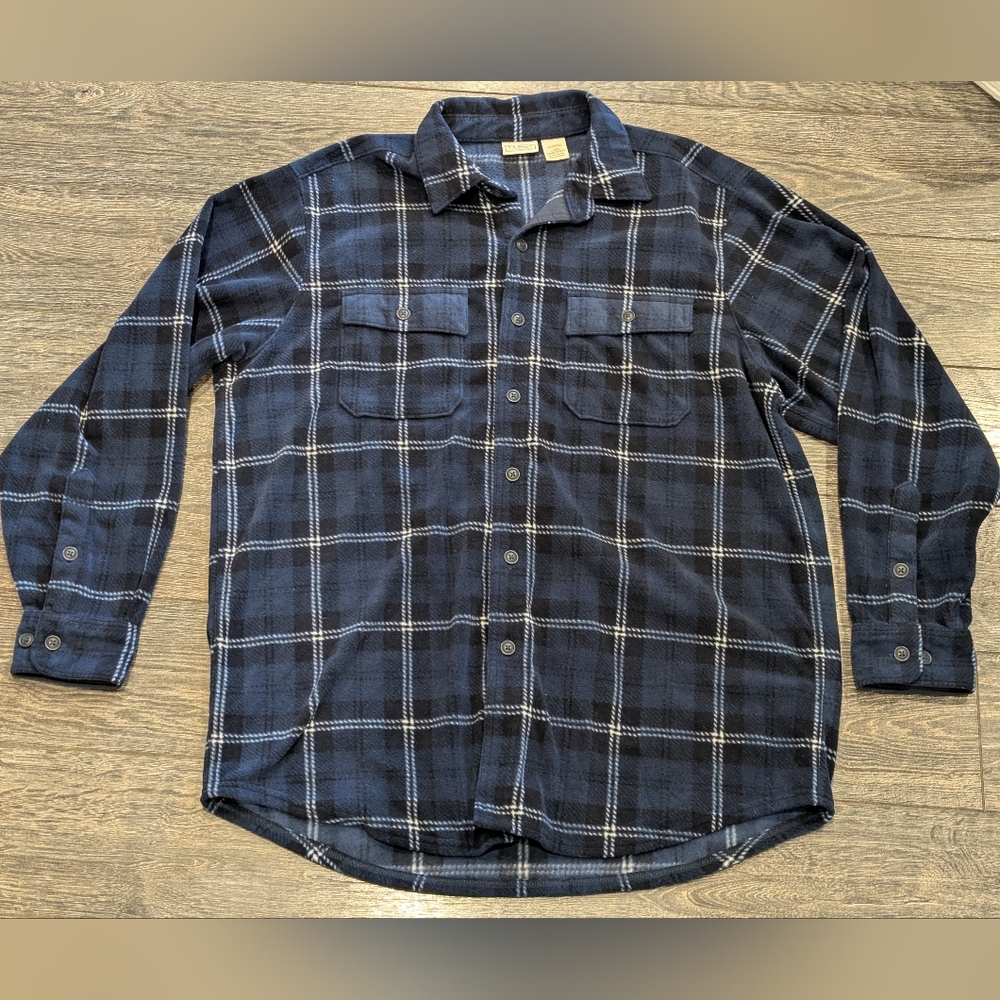 LL Bean Shirt Men's Large Blue Plaid Flannel Soft Fleece Button Reg Fit Heavy